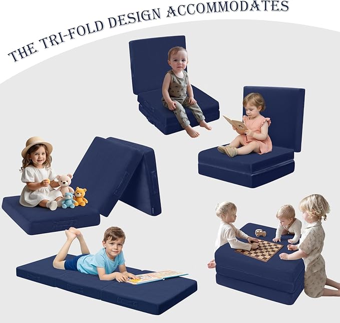 MeMoreCool Foldable Floor Mattress for Kids, Toddler Floor Nap Mat for Sleeping Daycare, Small Child Foldable Mattress Floor Bed, Trifold Futon Portable Tri Folding Mattress, Navy 63x26 Inch