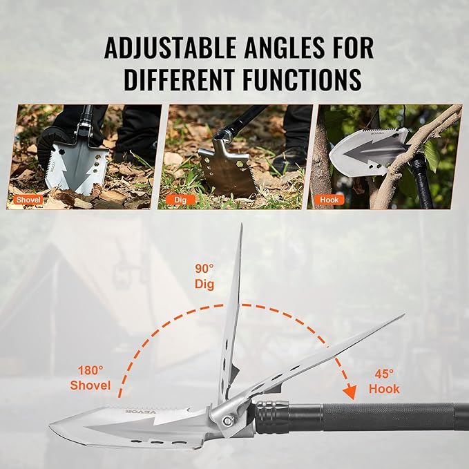 VEVOR Survival Shovel, 11 in 1 Camping Shovel Folding Multitool Kit, Portable and Compact, Stainless Steel, Multifunction for Off-Roading, Camping, Hiking, Outdoor, Survivalist and Emergency