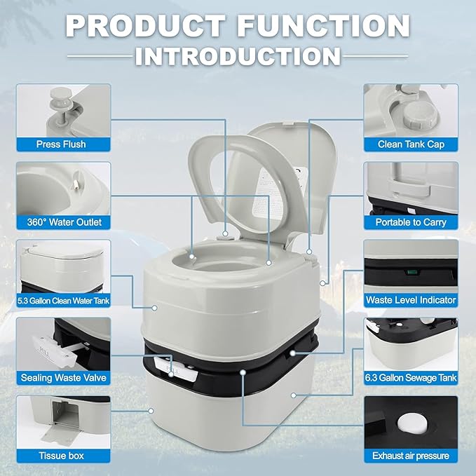 Portable Toilet, 6.4 Gallon 24L Piston Pump Flush with Level indicator Detachable Anti-Leak Handle Water Pump,Rotating Spout Indoor & Outdoor Hiking Toilet for Camping, Fishing Travel