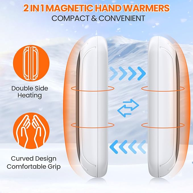 2 Pack Hand Warmers Rechargeable, 2025 New Portable Magnetic Electric with 12hrs Warmth, Double-Sided Heating Pocket Size for Outdoors, Camping - Winter Gifts for Women Men