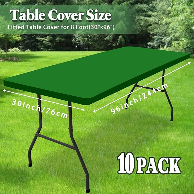 10 Pack Picnic Fitted Table Cover for 8 Foot Tablecloth for Rectangle Tables Waterproof Stretch Washable Folding Indoor and Outdoor Spandex Table Cloth for Camping Banquet Parties (Green,30" x 96")