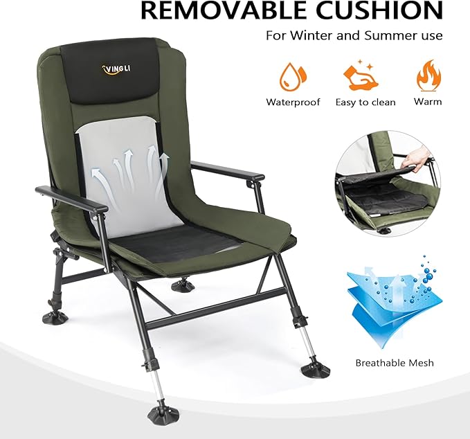 VINGLI Oversized Fishing Chair Heavy Duty Support 440 LBS, 160° Freely Adjustable Reclining Folding Chairs, Lounge Travel Outdoor Seat with High Back for Fishing Camping or Leisure