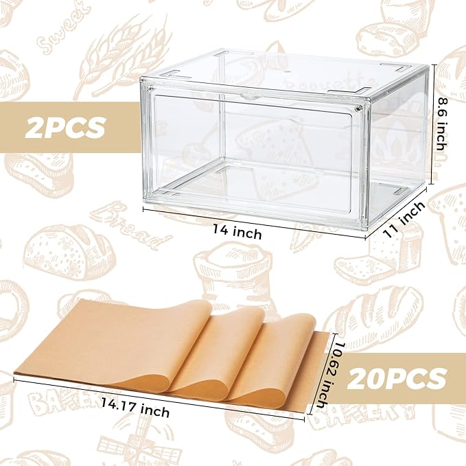 2pcs Large Bread Box Kitchen Countertop upgraded - Large Capacity Transparent Bread Rack Storage Box， 20 Sheets of Greaseproof paper-Stackable Double-Layer Bread Pantry Storage Container