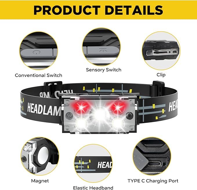 DAWINSIE Headlamp LED Rechargeable (2 PCS), Head Lamp with Motion Sensor, 6 Modes Waterproof Head Light Flashlight for Hiking, Running, Repairing, Fishing, Cycling