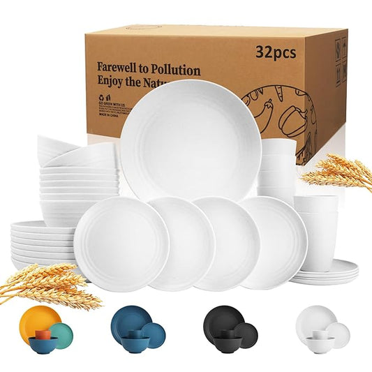 32-piece Kitchen Alternative Plastic Wheat Straw Dinnerware Sets,Unbreakbale Dishwasher Safe Kitchen Bowls and Plates Sets with Cups,Modern Apartment Essential Dishes Set for 8.White Series
