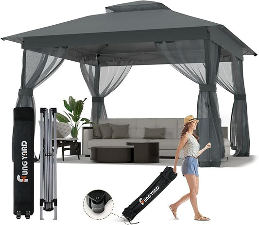 Pop Up Gazebo 11x11 - Outdoor Canopy Tent with Mosquito Netting & Wheeled Carry Bag, Double Roof Gazebos for Backyard Party Garden Wedding Camping (Gray, 11x11)