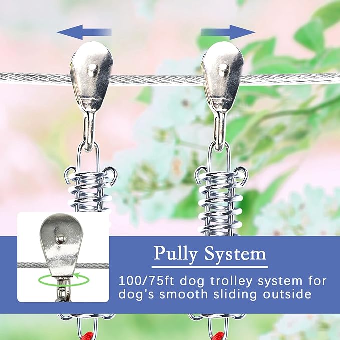 Dog Tie Out Runner for Yard,Trolley System for Large Dogs,Heavy Duty Dog Run Cable Lead 200ft with 10ft Pulley Runner Line for Small Medium and Large Dogs Up to 125lbs Running Outside Yard or Camping