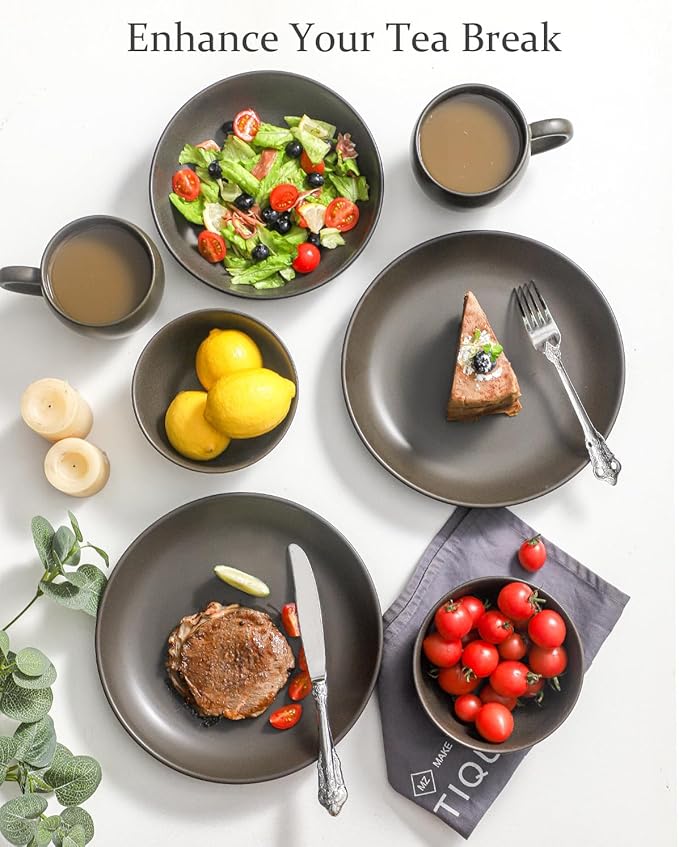 Dinner Plates Set of 2, 10 Inch Stoneware Dinnerware Dish Set for Kitchen, Large Serving Plates for Pasta Steak Assorted, Scratch Resistant, Microwave & Dishwasher Safe, Matte Black