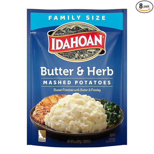 Idahoan Butter & Herb Mashed Potatoes, Naturally Gluten-Free, 100% Real Idaho Potatoes, 8 servings per bag, 8 ounce (Pack of 8)