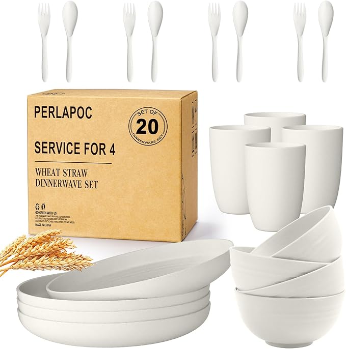 Wheat Straw Dinnerware Sets Service for 4 - Plates and Bowls Sets 20-Piece with Dinner Plate, Cereal Bowls and Cups, Microwave & Dishwasher Safe - White