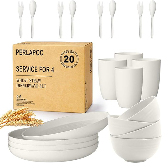 Wheat Straw Dinnerware Sets Service for 4 - Plates and Bowls Sets 20-Piece with Dinner Plate, Cereal Bowls and Cups, Microwave & Dishwasher Safe - White
