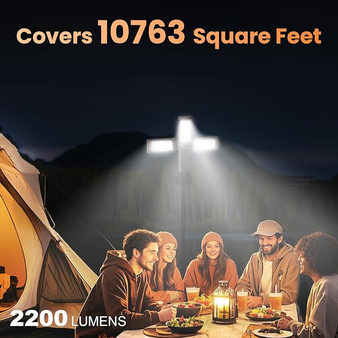 CAVN Rechargeable 10000mAh Camping Lights with Stand 6.5 ft Max Height, Portable Cordless LED Work Light 2200 Lumens 6500/4500/3500K Dimmable Camping Essentials Gear with Detachable Tripod, Black