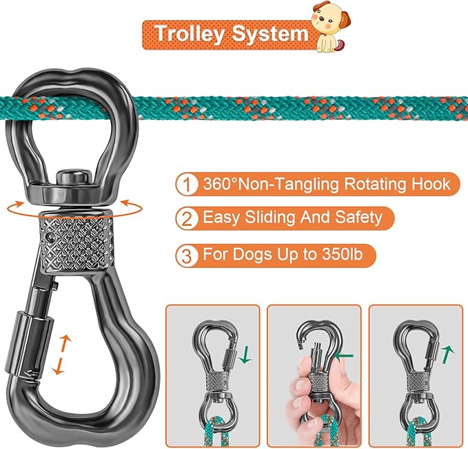 XiaZ Dog Tie Out Cable for Camping, 50ft Portable Overhead Trolley System for Dogs up to 200lbs，Dog Lead for Yard, Camping, Parks, Outdoor Events,5 min Set-up