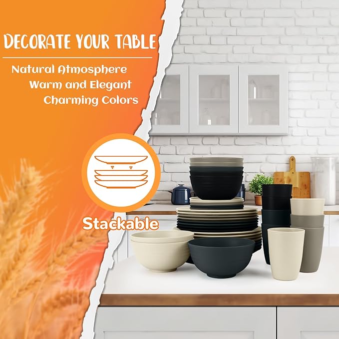 40 PCS Wheat Straw Dinnerware Set | Service for 8 Plastic Dishes Set Unbreakable Plates and Bowls Sets, Drinking Glasses, Dishwasher and Microwave Safe Dish Set for KItchen - Gray Stone
