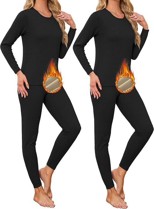 TELALEO 2 Sets Women's Thermal Underwear Long Johns Double-Sided Fleece Lined Base Layer Top & Bottom Pajama for Cold Weather