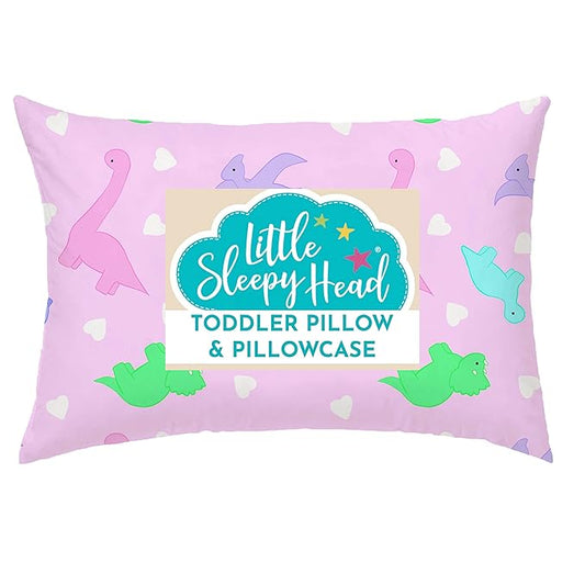 Little Sleepy Head Toddler Pillow with Pillowcase 13x18 - Kids Pillow for Sleeping - Better Neck Support Ergonomic Pillow and Toddler Pillowcase - Best Pillows for Kids (Dinosaurs Pink)