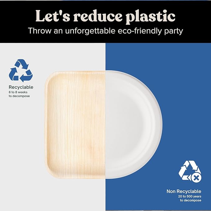 Luxe Designs Palm Leaf Plates - Eco-Friendly Alternative to Bamboo & Plastic - Heavy-Duty Compostable & Biodegradable Party Plates - Microwave & Oven Safe Dinnerware - 50 10"x25 & 8"x25 with Utensils