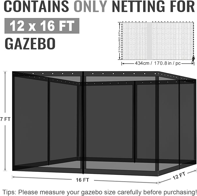 COWVIE Gazebo Replacement Netting Screen, 12' x 16' Universal Gazebo 4-Panel Mosquito Sidewalls with Double Zippers for Outdoor Patio (Only Netting)