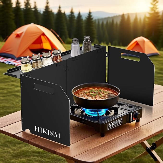 Camping Stove Windscreen, Lightweight Foldable Outdoor Wind Blocker Gas Stove Windshield Wind Screen with Extend Platform for Camping Stove, Glamping, Black