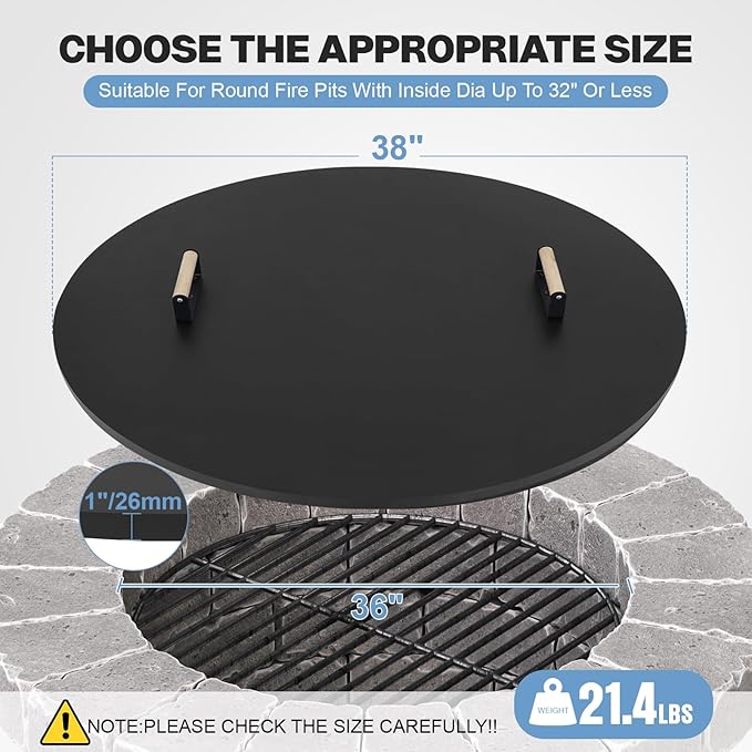 Fire Pit Lid Cover Round - 38" Rust Resistant Powder Coated Steel Firepit Cover or Table with 2 Wooden Handles for Patio Fire Pit, Weatherproof for All Seasons, Fits Fire Pits Up to 36"