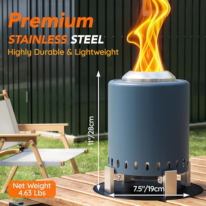 Mini Smokeless Tabletop Fire Pit with Pan Stand, Portable Stainless Steel Firepit Stove for Camping, Burns Pellets or Wood, Includes Travel Bag, Blue