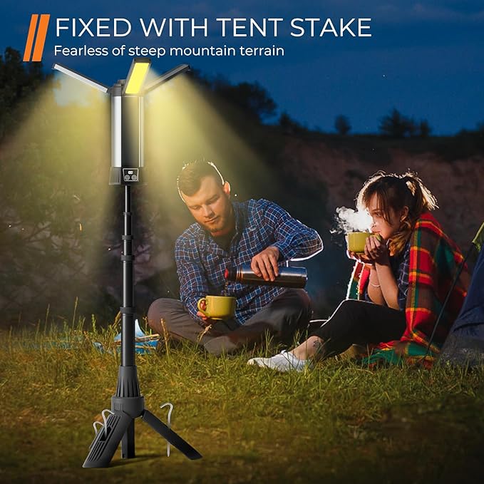 Rechargeable LED Work Light with Stand - Cordless Work Lights Kit 3 Page Head,500/1000/2000 Lumen 3500/6500K Dimmable 6AH Camping Light with Detachable Tripod,Hooks and Carrying Bag