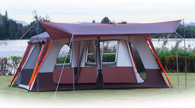 KTT Extra Large Tent 12 Person(A),Awning Family Cabin Tents,2 Rooms,3 Doors and 3 Windows with Mesh,Straight Wall,Waterproof,Double Layer,Big Tent for Outdoor,Picnic,Camping,Family Gathering。