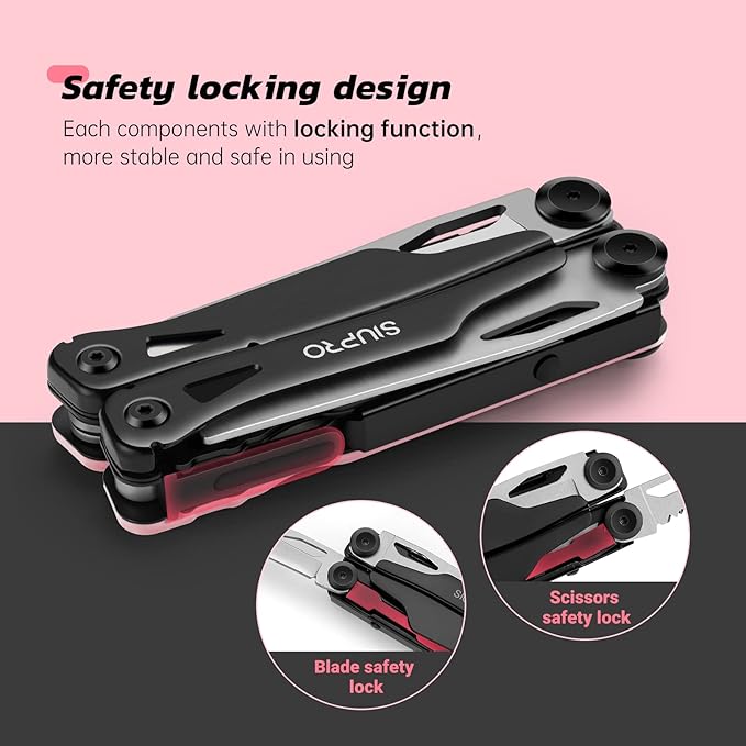 Pocket Multitool Knife for Men, Women, Tactical Multi Tool, All Self-Locking Camping Saw, Survival Pliers set With Clip and Pouch, Gifts Idea, Pink