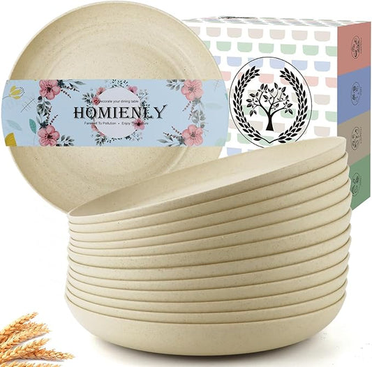 Homienly Wheat Straw Dinner Plates Set of 12 - Microwave & Dishwasher Safe Unbreakable Kids Plates (Beige, 9 inch)