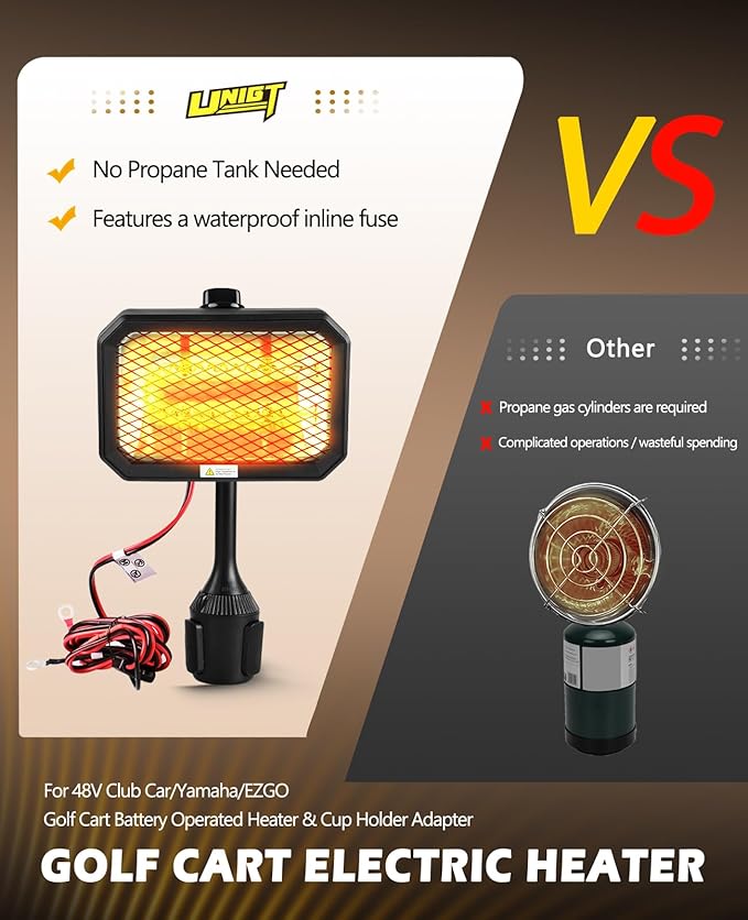 Golf Cart Electric Heater, 400W Safe and Quiet Carbon Fiber Heating, Heat Up 120 Square Feet for 48V Club Car/Yamaha/EZGO Golf Cart Battery Operated Heater & Cup Holder Adapter, Black