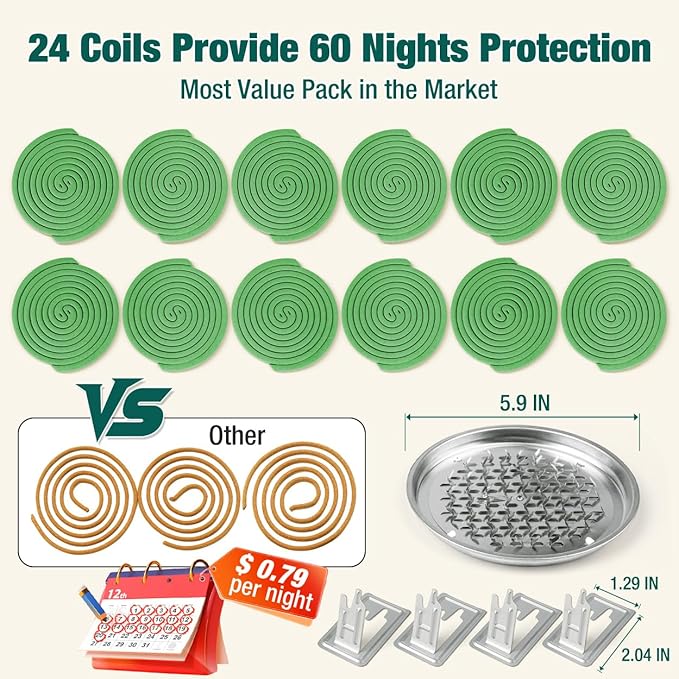 Extra Strong Mosquito Repellent Coils, 24 Pack Large Outdoor Coils Insect Repellent DEET Free, 6-Hour Protection Covers 12ft, Safe & Effective for Yard, Patio, Camping, Garden, Deck & BBQ Areas