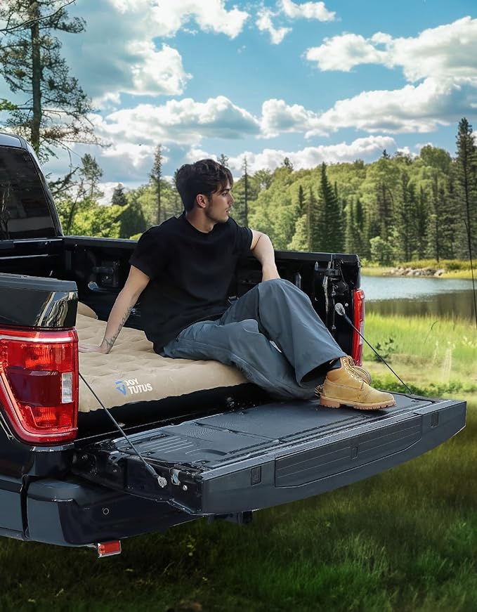 JOYTUTUS Upgraded Light Version Truck Bed Air Mattress for Camping, Thicken Inflatable Mattress for 5.5-5.8Ft Short Truck Bed,with Built-in Cup Holder&2 Inflatable Pillow,Full-Size,Camel and Black