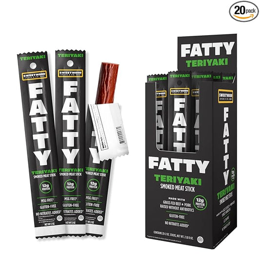 FATTY Meat Sticks, Made with Grass Fed Beef, Pork Raised Without Antibiotics, 12g Protein Per Stick, Teriyaki, 2 oz. (Pack of 20)
