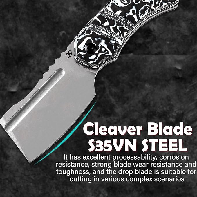 KANSEPT Knives Korvid S Fixed blade Knife with 2.9''CPM S35VN Cleaver Blade Black & White Carbon Fiber Handle, Kydex Sheath for Everyday Carry G2030A5