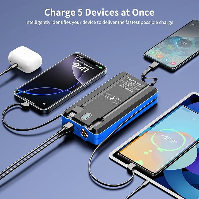 Solar Power Bank Portable Charger Lithium Ion Polymer Battery 52800mAh 5V/3A Fast Charging Battery Pack with Built in 4 Cables 2 Outputs & LED Flashlight for All Mobile Devices Camping Traver Outdoor