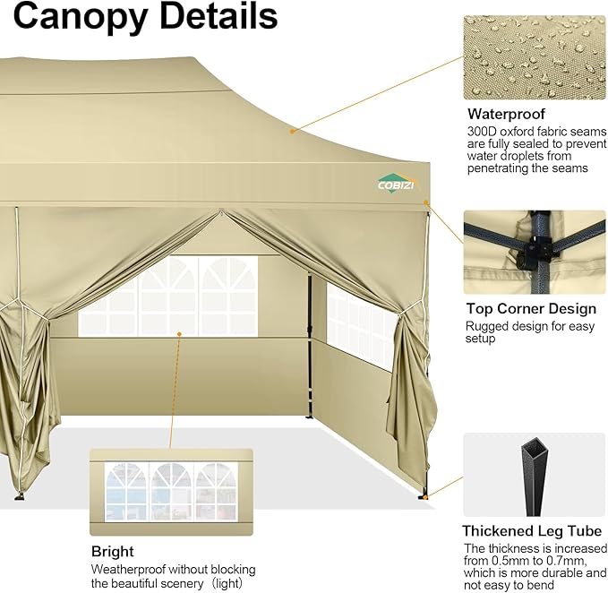 COBIZI 10x20 Pop up Canopy Tent 10x20 Canopy with 6 Sidewalls Waterproof Heavy Duty Gazebo Commercial Canopy Tent for Parties Outdoor Tent Gazebo Tent, Carry Bag with Wheel(10x20ft, Khaki)