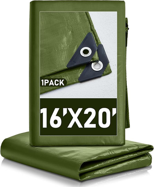 1 Pcs Large Waterproof Tarp 16 x 20 ft Heavy Duty 5.5 Mil Thick Poly Tarpaulin with Grommets Multipurpose Protective Cover for Summer Home Boats Cars Camping RV Pool Tent