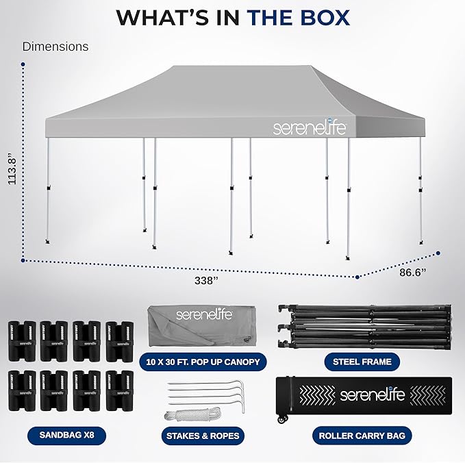 SereneLife 10x30 Ft. Pop Up Commercial Tent – Large Instant Pop-Up Canopy, Heavy Duty Waterproof Polyester Shelter with Wheels, Sandbags, Stakes & Ropes, Ideal for Parties, Events, & Gatherings