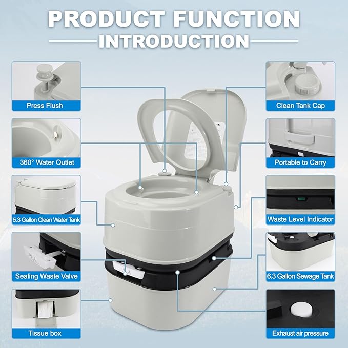 Portable Toilet, 6.4 Gallon 24L Piston Pump Flush with Level indicator Detachable Anti-Leak Handle Water Pump,Rotating Spout Indoor & Outdoor Hiking Toilet for Camping, Fishing Travel