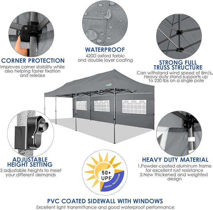 COBIZI 10x30 Pop up Canopy Tent 10x30 Canopy with Sidewalls, Heavy Duty Party Tent Tents for Parties, Foldable UPF 50+ Waterproof Commercial Ez up Canopy with Roller Bag, Grey(Windproof Upgraded)