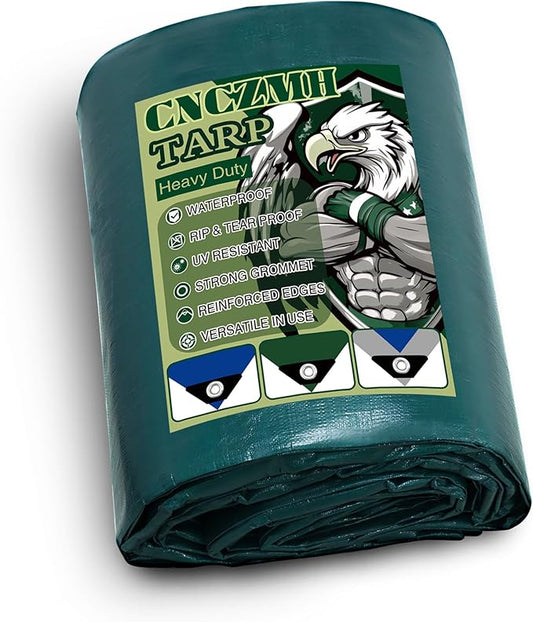 Heavy Duty Tarp Waterproof, 16 Mil Thick Finished Size Tarps Outdoor, Multipurpose Tarpaulin Cover, Small Tarp for Emergency Rain Shelter Camping (Green, 8x10ft)