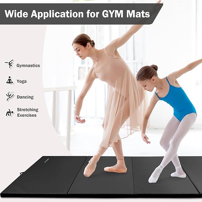 Folding Exercise Gymnastics Mat, 4'x8'x2" Gym Workout Mat with Carrying Handles 4-Fold High-Density Anti-Tear Portable Fitness Aerobics Mat for Home Gym Yoga Pilates Tumbling MMA Core Training