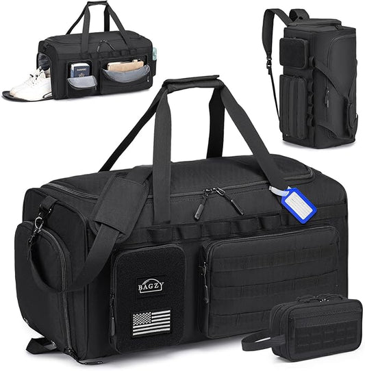 BAGZY Tactical Gym Bags for Men 3 In 1 Travel Duffle Bag 40L with Shoe Compartment Travel Backpack Fitness Weekender Deployment with 1pcs Tactical Toiletry Bag Black