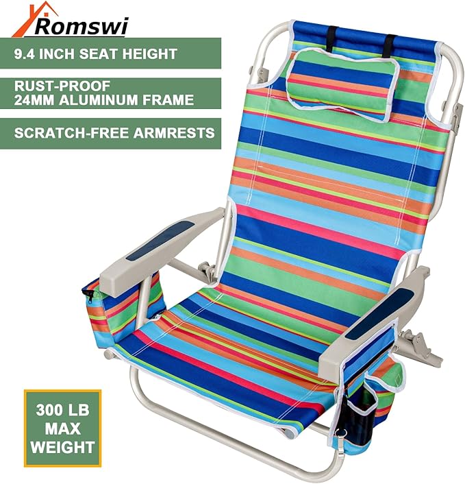 2Pk Aluminum 5-Position Lay Flat Folding Backpack Beach Chairs for Adults with Cooler Bag, Cup&Phone Holder, Towel Bar for Outdoor Lawn Picnic Sport, Portable Foldable Camping Chairs, Multi Stripes