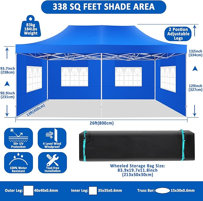 COBIZI 13x26 Pop Up Canopy with 6 Sidewall,Heavy Duty Canopy UPF 50+ All Season Wind Waterproof Commercial Outdoor Wedding Party Tents for Parties Canopy Gazebo with Roller Bag(13 x 26 ft Blue)