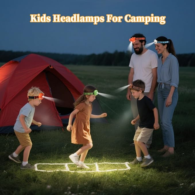 KunHe 8 Pack LED Kids Headlamp with Animal Designs Adjustable Headlight for Camping Running Christmas Stocking Stuffers Gifts for Girls Boys Batteries Included