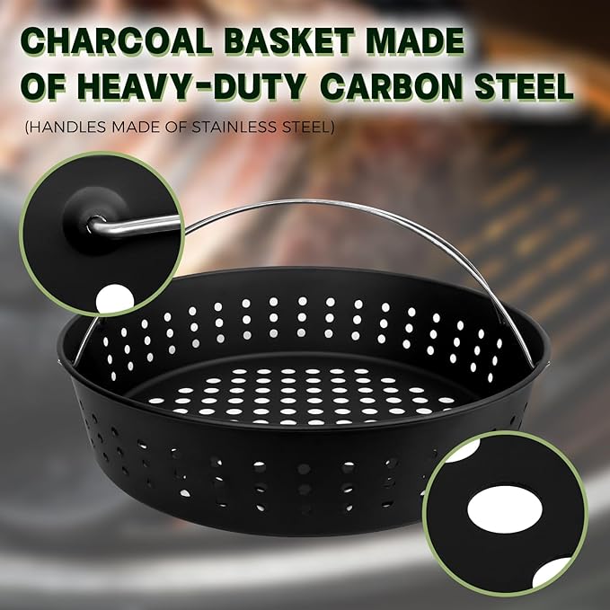 KAMaster Charcoal Basket for XLarge Green Egg with Divider,Heavy Duty Carbon Steel Fire Bowl with Removeable Water Reservoir Compatible with XLarge Green Egg,Charcoal Ash Basket with Foldable Handle