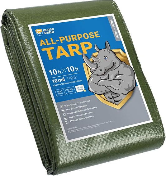 GUARD SHIELD Heavy Duty Tarp 10x10 Feet Green Multi Purpose Thick Waterproof Poly Tarp Cover 10mil