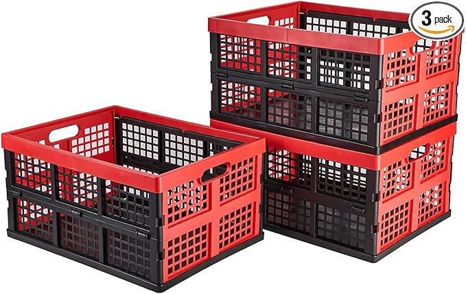3-Pack Plastic Collapsible Storage Crates-30L,Foldable Plastic Crates for Storage (Black+Red)
