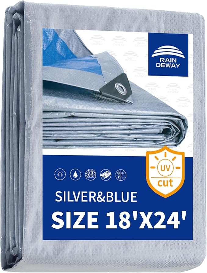 RAINDEWAY Large Tarps 18x24 Feet, 5.5 Mil - Multipurpose Waterproof Poly Tarp Cover with Metal Grommets and Reinforced Edges, Silver/Blue
